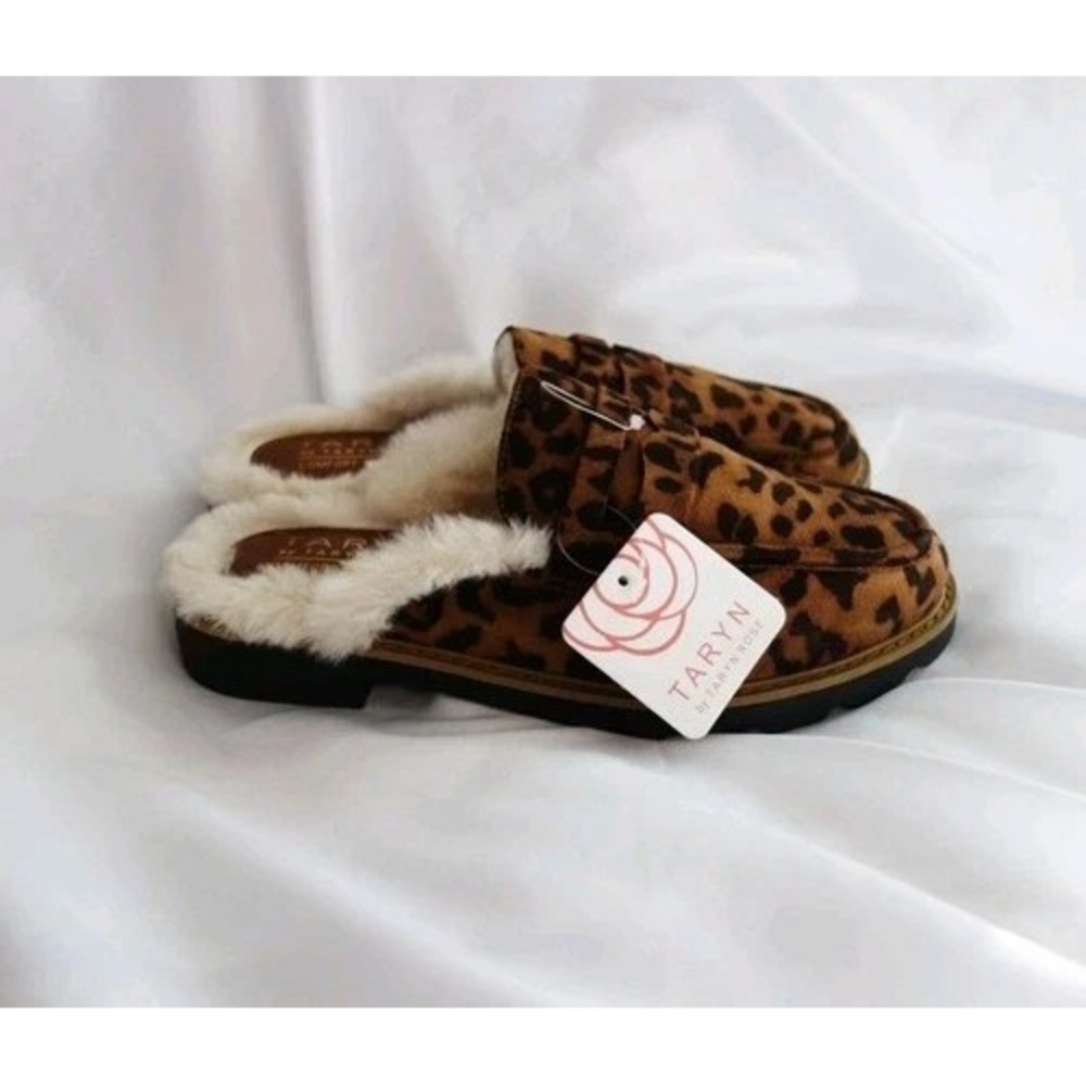 Taryn Rose Dora Brown Cream Sz 7.5 Leopard Mules with Faux Fur Lining NEW